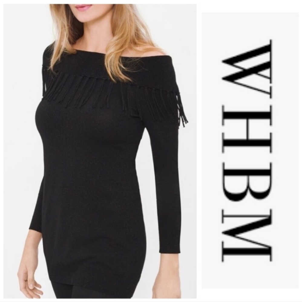 White House Black Market Off the Shoulder Fringe Shimmer Tunic Sweater M WHBM